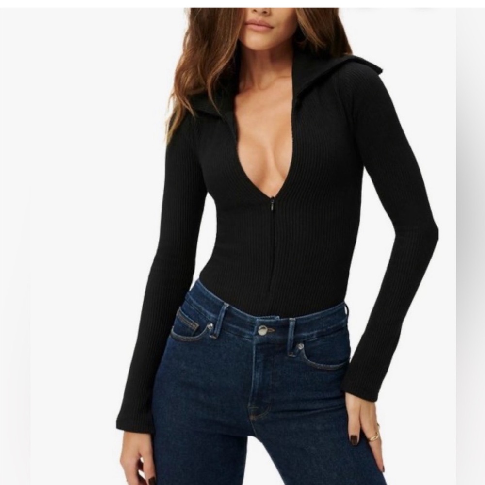 Good American Black Ribbed Zip-Front Bodysuit